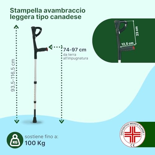 Remedia One - Stampelle Ortopediche Regolabili Con Ammortizzatore, Stampelle Canadesi In Alluminio Anodizzato, Altezza 74-97Cm, 2 Unità – Nero/Argento - 2