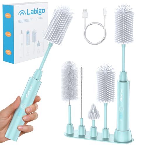 Image of LABIGO Electric Bottle Brush Cleaner Set, Bottle Brush Cleaner with IPX7 Waterproof and 2 Adjust Speeds, 4 Replace Brush Heads for Baby Bottle, Coffee Cup, Mug, Sports Bottle, Glass Cup, Green