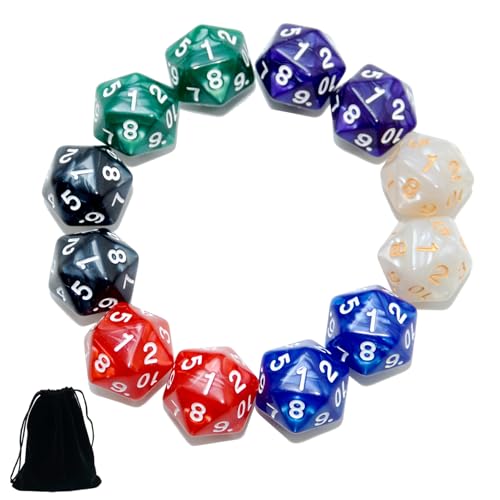 SmartDealsPro 12-Pack 20 Sided Dice D20 Large Pearl Polyhedral Spin Down Dice Die with Pouch for DND RPG MTG Table Game
