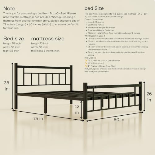 Image of Queen Size Metal Bed Frame | Queen Metal Bed | QueenSize Iron Bed | Queen Steel Bed | Heavy Duty Platform Bed | Double Bed Cot | Wrought Iron Bed | Steel Slats | No Box Spring Needed | Black
