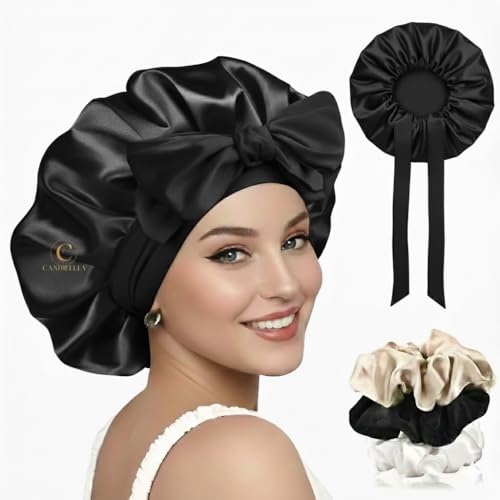 Image of Soft Silk Bonnet With 3 Scrunchies, Adjustable Silky Hair Cap for Sleeping, Satin Bonnet for Curly Hair With Soft Jersey Fabric Tie Band (Rose) (Black)