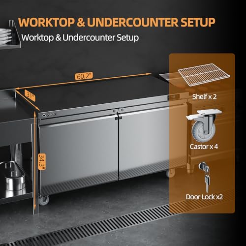 Image of Coolski 60 inchW Commercial Freezer Undercounter Worktop, 17.6 Cu.ft. Stainless Steel Worktop Food Prep Freezer, -13℉to -5℉, Double Door 2 Shelves Fridge for Restaurant /Bar /Diner /Kitchen Use