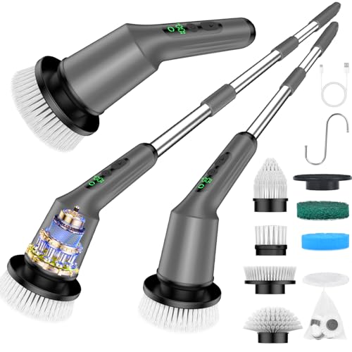 Image of Shower Scrubber with Long Handle, Shower Cleaner Brush with 8 Floor Machine Pads, Cordless Electric Spin Scrubber for Cleaning with 2 Speed, Cleaning Supplies for Bathroom Bathtub Kitchen Floor Toilet