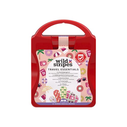 Wild Stripes Botiquín de primeros auxilios Travel con apósitos, venda, toallitas, kit de emergencia UE, hipoalergénico, resistente al agua, suave para la piel