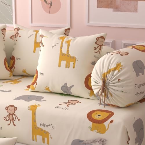 Image of Filymore Cute Animals Kids Diwan Set, 8 Pieces Premium Microfiber Diwan Bedding Set with 1 Single Bedsheet, 5 Cushion Covers & 2 Bolster Covers, Soft & Comfortable Kids Room Bedding Set, White