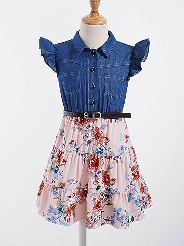Shinsto Girls Jean Dress Summer Floral Print Denim Tutu Skirts with Belt Flying Sleeve Princess Dresses3