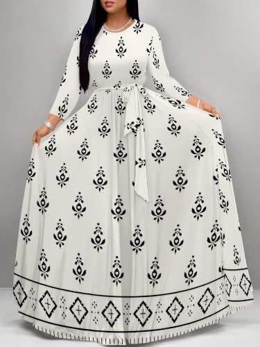 Image of Women Plus Size Long Sleeve V Neck Maxi Dress with Belt | Soft fabric relaxed fit three quarter sleeve v neck with pockets for party and daily wear