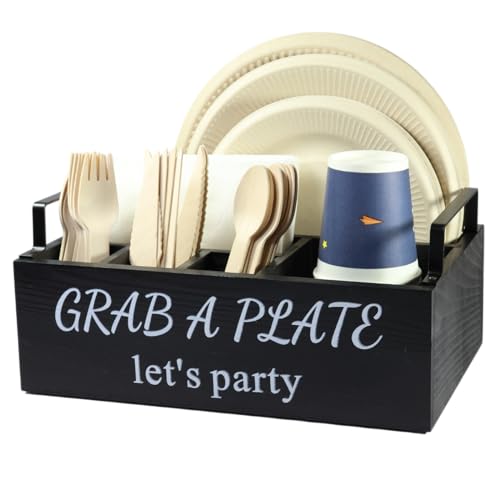Paper-Plate-Holder-Utensil-Caddy-Organizer-Wood-Paper-Plate-Dispenser-Silverware-Caddy-Holder-and-Disposable-Coffee-Bar-Accessories-Box-for-Kitchen-Counter-Party-Camping-Picnic-6-compartment Paper Plate Holder Utensil Caddy Organizer Wood Paper Plate Dispenser Silverware Caddy Holder and Disposable Coffee Bar Accessories Box for Kitchen Counter Party Camping Picnic 6 compartment