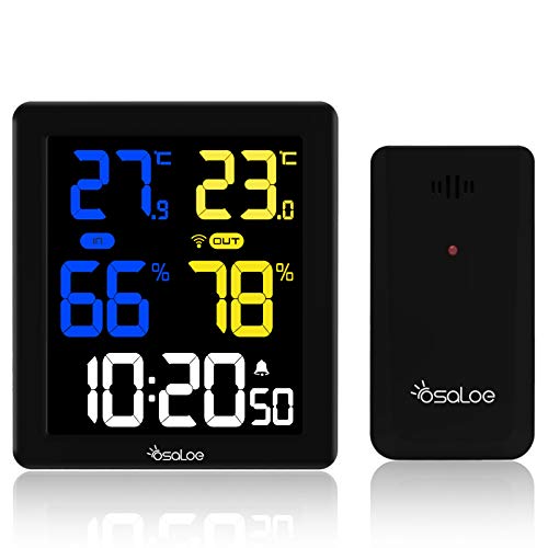 Osaloe Estación Meteorológica Inalámbrica, Termómetro Higrómetro Interior Exterior con Sensor al Aire Libre, Reloj Digital y Pantalla LCD, Monitor de Temperatura y Humedad (Negro)