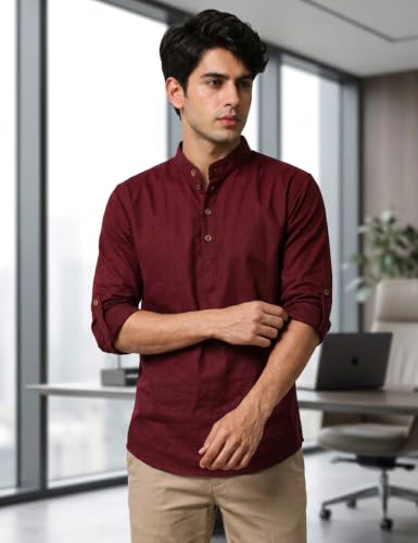 Image of Fifth U Men's Cotton Polyester Blend Solid Mandarin Collar Self Design Full Sleeve Casual Short Kurta