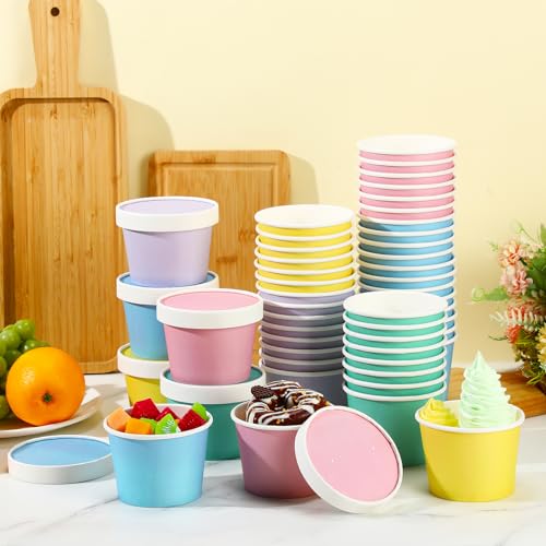 Image of Fulmoon 8 oz 100 Pack Paper Containers with Lids Soup Bowl Cup, Multi Color | Disposable Ice Cream Cup, Kraft Food Containers with Vented Lid Stackable for Hot Soup Dessert Cake Fruit Microwave Takeout