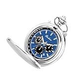 BOSHIYA Men's Smooth Quartz Pocket Watch Classic Multi-Functional Small Second disc & Date Pocket Watch with Chain Silver Christmas Graduation Birthday Gift