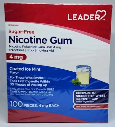 LEADER Nicotine Gum Stop Smoking Aid, 4 mg, Nicotine Transdermal System, Ice Mint, Polacrilex Quit Smoking with Behavioral Support Program, Sugar Free, 100 Count