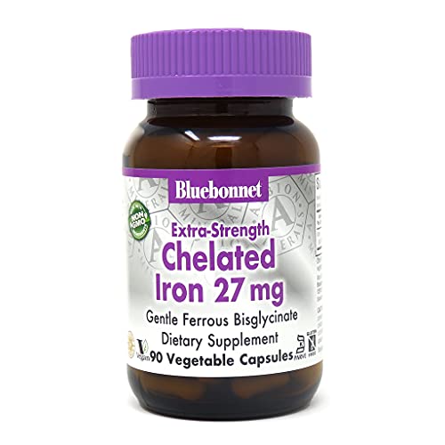 Bluebonnet Nutrition Albion Extra-Strength Chelated Iron 27 mg, For Healthy Red Blood Cell production*, Soy-Free, Gluten-Free, Non-GMO, Kosher, Dairy-Free, Vegan, 90 Vegetable Capsule, 90 Serving