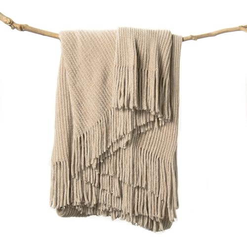 lifein Throw Blanket for Couch, Soft Boho Decor Bed Throw,Cozy Beige Knitted Chenille Small Farmhouse Lightweight Throw(Beige,50 * 60')