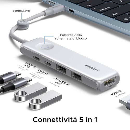 Revodok Hub USB C HDMI 4K 60Hz 10Gbps PD 100W 5 in 1 Adattatore USB C HDMI con Pulsante di Controllo Compatible con MacBook iPad Pro Air M5 M4 iPhone 17 Pro Max Galaxy S26 Ultra - Hub USB - Immagine 1