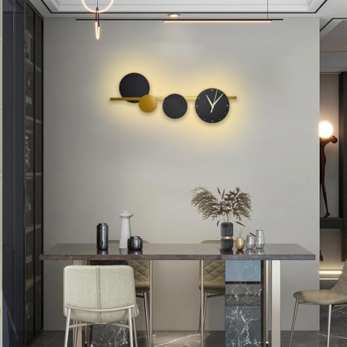 Image of blissbells Modern Abstract Wall Light with Integrated Clock, Minimalist Design in Black and Gold (Clock and Circles)
