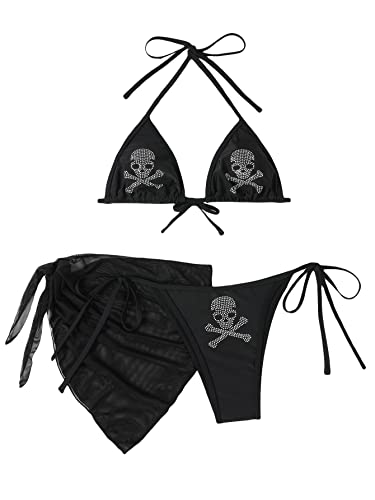 WDIRARA Women's Skull Rhinestone Triangle Halter Tie 3...