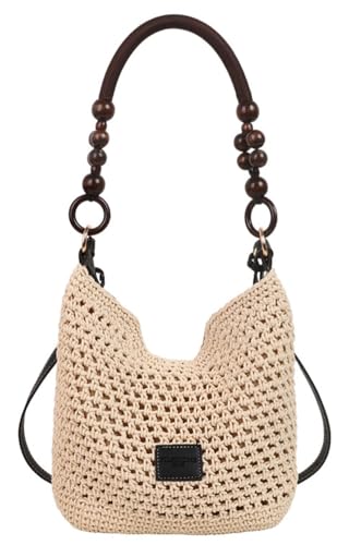 Bohemia Bolsa feminina de palha de tecido macramê, bolsas transversais, bolsa de verão para praia, alça superior para viagens e compras, Preto - S, One Size