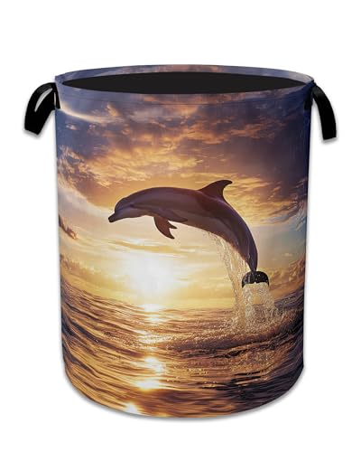 Image of Dolphins Laundry Basket,Foldable Oxford Cloth Sunset Laundry Hamper With Handle, 20.8 inchx16 inch Portable Clothes Storage Basket Bag for Laundry Room /Bathroom /Bedroom /Dormitories