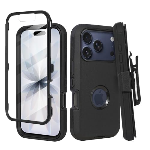 Coque iPhone 17 Pro antichoc noire avec protège-écran et clip ceinture pour protection intégrale