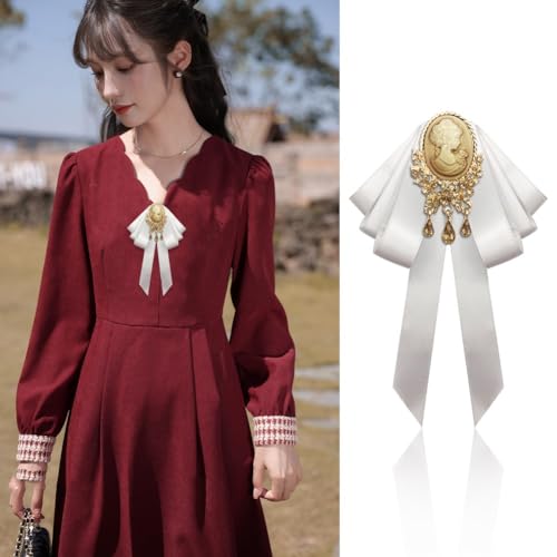 Image of Retro Court style Crystal Ribbon Bow Tie Brooch Pins for Women Girls Victorian Cameo Bow Brooch Pre-Tied Bowknot Corsage Collar accessory