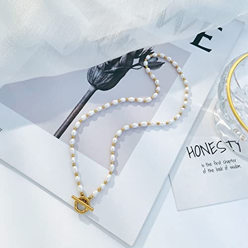 Qyzz Pearl Necklace Choker 18K Real Plated Beaded And Specially Shaped Toggle Clasp Pearl Strand Necklace Vintage Retro Dainty Classical Jewelry For Women Girls #TOP4