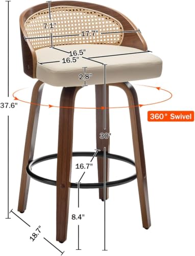 Image of Swivel Rattan Bar Stools with Back,Beige Leather Barstool Chairs