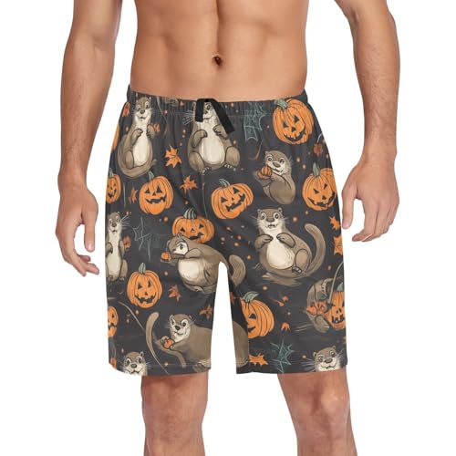 Halloween Otter Pumpkin Pajama Bottom Shorts for Men Soft Casual Sleep Lounge Shorts with Pockets S-XXL