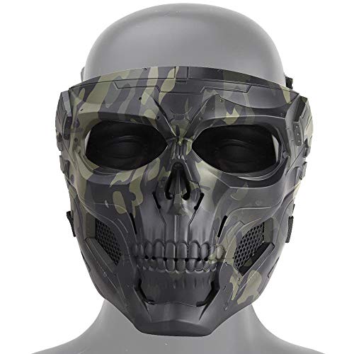 Tawcal Máscara Táctica de Airsoft del Cráneo, Máscara Protectora de la Cara Completa Paintball CS Hockey Halloween Masquerade Cosplay Máscara esquelética de Protección para los Ojos,Camuflaje Negro