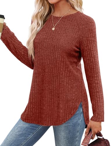 Image of Saloogoe Long Sleeve Shirts for Women 2025 Fall Clothes Tunic Tops Loose Fit Dressy Crewneck Pullover Sweaters Curved Hem