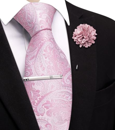 Image of Hi-Tie 63 inches Striped Paisley Extra Long Ties for Men Silk Necktie with Lapel Pin Tie Clip Big and Tall Men Formal Wedding