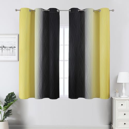 Estelar Textiler Black and Yellow Blackout Curtains 45 Inch Length, Full Light Blocking Gradient Grommet Drapes for Kitchen, Thermal Insulated Ombre Curtains for Bedroom, 42Wx45L, 2 Panels