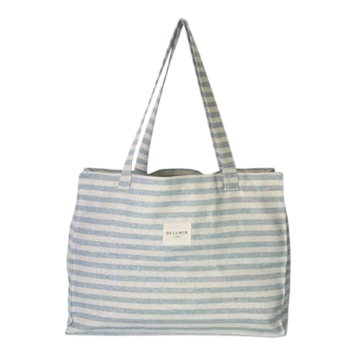  Rectangular bag with shoulder straps. Made of fine half-panama fabric with blue and raw striped print with shiny gold and silver lurex.  For proper maintenance, it is recommended to wash it by hand in cold water and not to use a dryer.  Perfect for everyday use, going to the beach, or traveling.  A very comfortable size, with plenty of capacity, but not too long.  Width x Height 51x34 cm.  Made with national fabrics. 