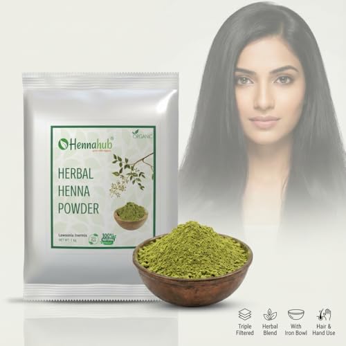 Image of HENNAHUB Herbal Henna Powder 1kg, Triple Filter For Hair And Hand with FREE IRON BOWL, Hair dye brush, shower cap, gloves, 100% Pure Ayurvedic Product With Amla Reetha Shikakai with other herbs