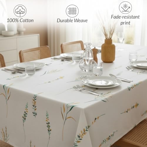 Image of HOMEMONDE 100% Cotton 4 Seater Table Cloth, 45 x 60 Inches Floral Printed Table Cover for Home Decor (114 x 152 CM, Leafscape - Yellow & Green)