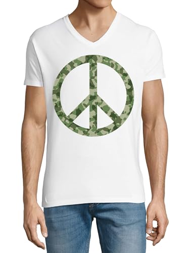 T-shirt col V coton homme blanc vêtement été motif paix camouflage XXL