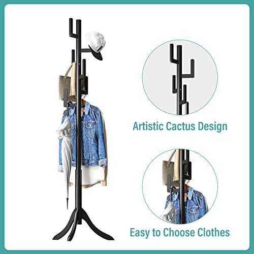 Vriccc Black Coat Rack Freestanding, Bamboo Cactus Coat Tree, Adjustable Height Wooden Coat Stand with 6 Hooks, kids coat rack, Used In The Bedroom Living Room, Office To Hang Clothes, Hats, Bags - Thumbnail 6