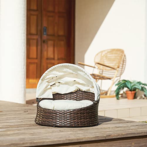 Teamson Pets Clotho Drinnen Draussen Rattan Katzen Oder Hunde Bett Liege mit Einziehbarem Baldachin und Abnehmbarem Waschbarem Kissen Braun/Creme ST-N10004-UK