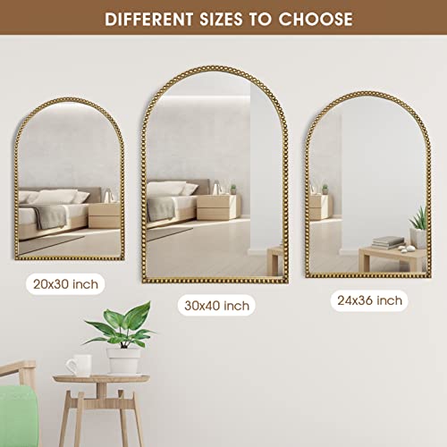 Fobule Arched Wall Mirror For Bathroom, 20"X30" Metal Beaded Frame Decorative Accent Mirror, Large Modern Distressed Hanging Wall Decor For Washroom, Bedroom, Living Room, Entryway, Antique Gold #TOP6