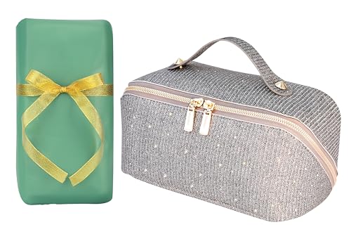 Misvivaus Makeup Bag,Gifts for Women,Travel Makeup Bag,Travel Toiletry Bag,Lay Flat Makeup Bag,Large Makeup Organizer Upgrade Waterproof Portable Cosmetic Bag Divider and Handle(Fashion Silver Grey)