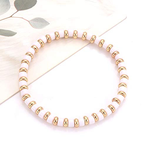 Nvenf Gold Bead Bracelets Colorful Tile Bracelet Bangles For Women Stackable Brass Ball Beaded Stretch Bracelets Elasticated White Enamel Bracelets Anniversary Bridal Gift (White) #TOP2