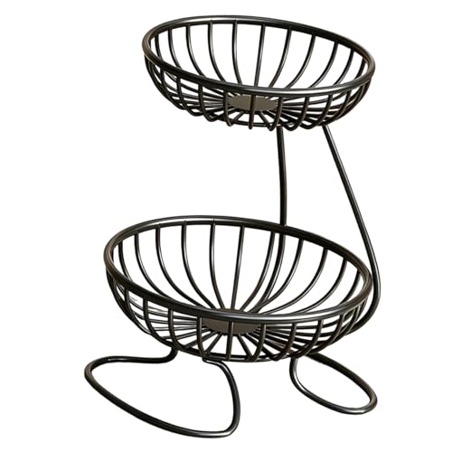 Cesta de frutas de hierro de metal negro con dos pisos para mesa de cocina 2