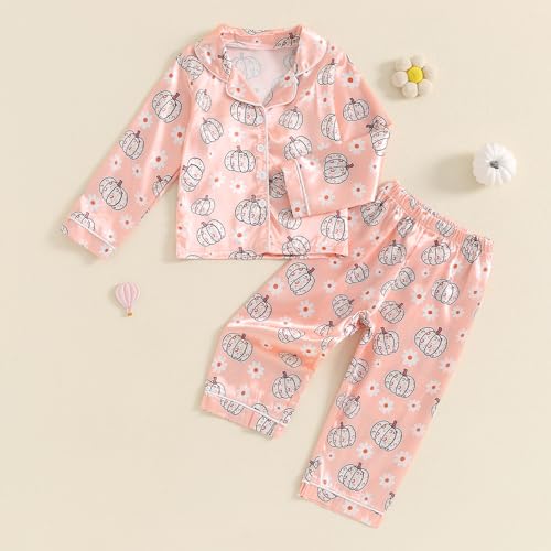 Kayotuas Halloween Pajamas Toddler Girl Pumpkin Ghost Pajama Set Long Sleeve Button Down Shirt Pants Fall 2 Piece Satin Pjs2