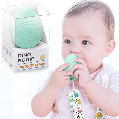 Image of Dinosaur Egg Baby Teething Toy Teether Rattle, Made with 100% Food-Grade Silicone for Infant Boys Girls 2m+ (Mint)