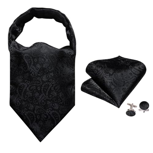 Image of Barry.Wang Ascot Ties Cravat Tie Men Paisley Plaid Scarf Self Tie Pocket Square Cufflinks Set Wedding Party