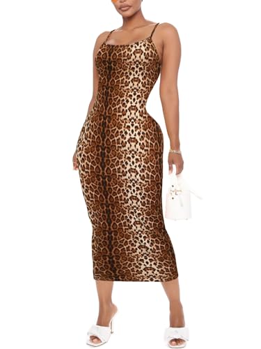 Image of Women's Midi Bodycon Tight Dress - Spaghetti Strap Summer Casual Leopard Cheeath Print Club Party Long Fitted Slip Dresses