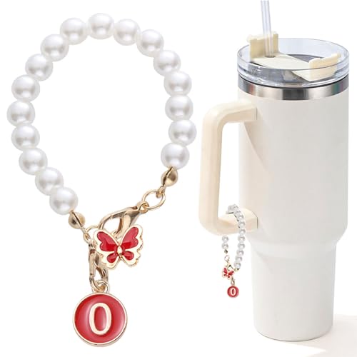 Image of Accessories for Stanley Cup Pearl Chain Initial Accessoriess for Handle Stuff Decor Water Bottle Jewelry Tumbler Cute Simple Modern Personalized Name ID Decorations Letter Red Tag O