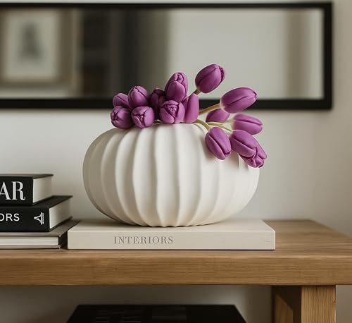 Pots & Patterns 11' Large White Ceramic Flower Vase - Modern Ribbed Low Profile...