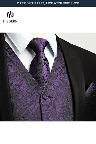 Image of HISDERN Mens Vest Tie Set 3PC Formal Waistcoat Paisley Floral Jacquard Necktie Pocket Square Suit Vests Wedding Party